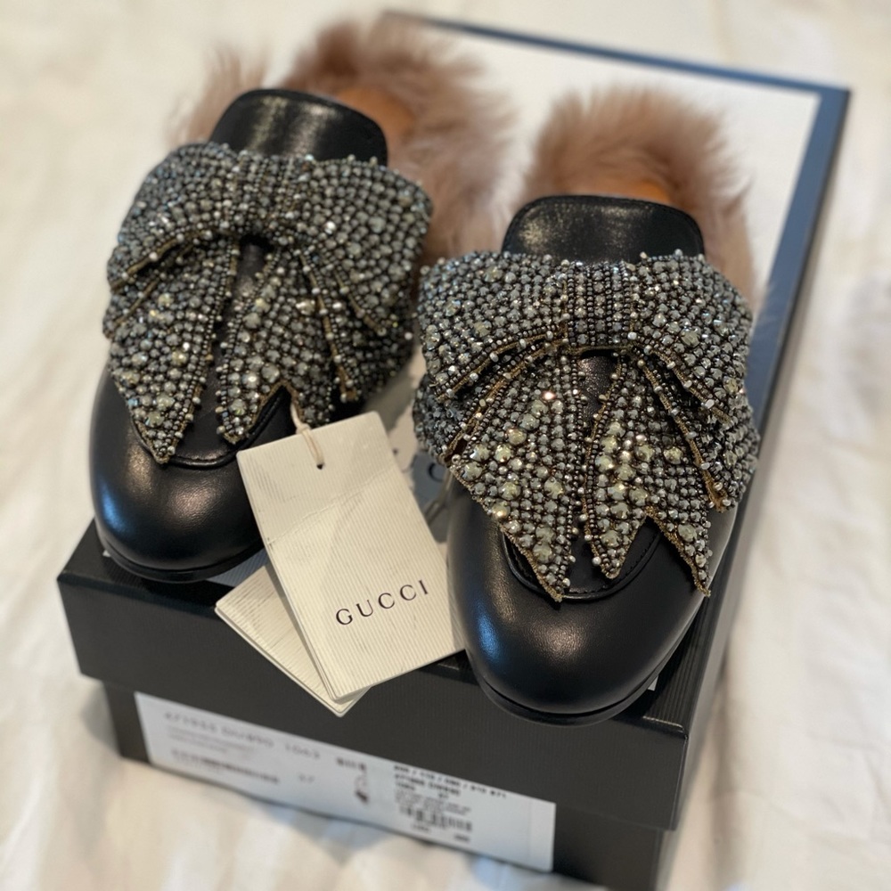 Bnib Gucci princetown fur crystal bow Sz37